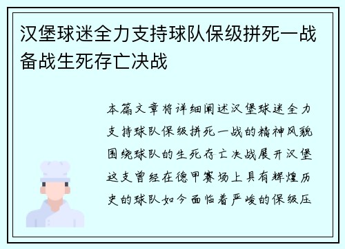 汉堡球迷全力支持球队保级拼死一战备战生死存亡决战