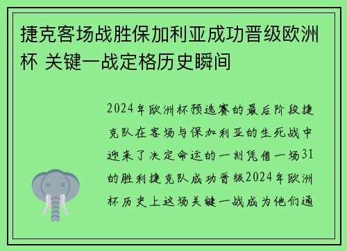 捷克客场战胜保加利亚成功晋级欧洲杯 关键一战定格历史瞬间