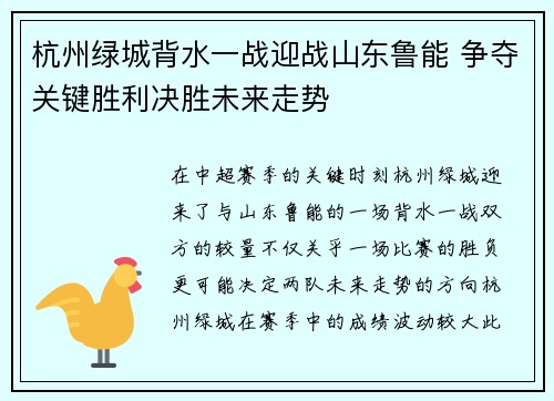 杭州绿城背水一战迎战山东鲁能 争夺关键胜利决胜未来走势