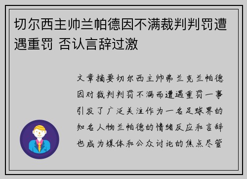 切尔西主帅兰帕德因不满裁判判罚遭遇重罚 否认言辞过激
